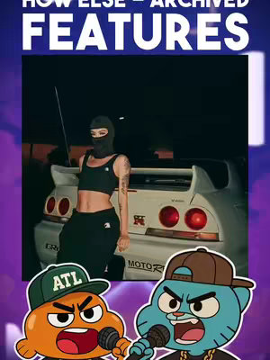 The cover image is a vibrant digital collage, blending elements. At the top is a rectangular bar with white text on a blue background that reads 'HOW ELSE - ARCHIVED FEATURES'. Below this bar is a photo of a person in a black balaclava hood leaning against the back of a sleek, white sports car, possibly a Nissan Skyline. The car has distinctive tail lights. The top portion showcases the person and background. The bottom half features animated cartoon characters Gumball and Darwin. They appearing to be singing.