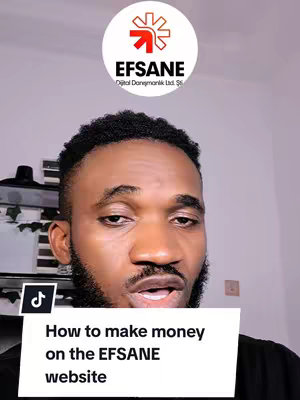 A selfie-style video cover featuring a man in a black shirt. Text overlay reads 'How to make money on the EFSANE website'. A circular logo with a red arrow is visible at the top.
