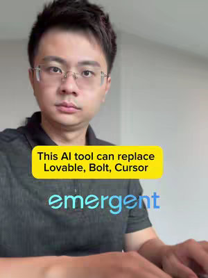 A man wearing glasses and a black shirt is looking directly at the camera with a neutral expression. A yellow banner with the text 'This AI tool can replace Lovable, Bolt, Cursor' is overlayed on the image, and the word 'emergent' is written in blue at the bottom.