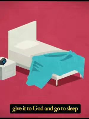 The image is a digital illustration of a bedroom rendered in a minimalistic style. The color palette is dominated by a deep red background. In the center, there's a bed with a white frame and a white mattress. Turquoise-colored bedding is partially covering the bed. To the left of the bed, there's a white nightstand with a digital alarm clock showing a time. In a black box at the bottom it reads "give it to God and go to sleep".