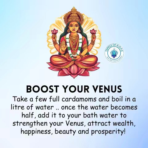 The image features a stylized illustration of a multi-armed female deity, likely Lakshmi, adorned with jewels and seated on a lotus flower. The background has a gradient from light blue to white. Text overlays in bold font provide instructions on how to enhance one's 'Venus'. The overall composition is centered, with the text below the deity image.