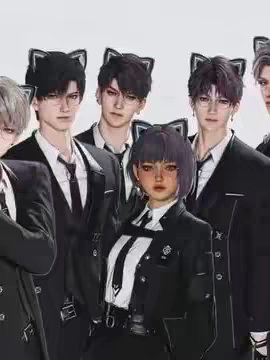 A group of seven anime-style figures posing against a white background. They are all wearing black suits and ties with black and white striped shirts. Most have black cat ear headbands. One figure in the foreground, likely female, has purple hair and is looking directly at the viewer. The composition is well-lit, featuring soft shadows.