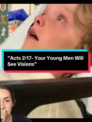 A young person with fair skin lies in a hospital bed, looking towards the upper right, with their mouth open. A banner with text overlay covers the mid portion of the frame, which provides context. In the lower part of the image, part of what appears to be a person is visible, likely holding the phone.