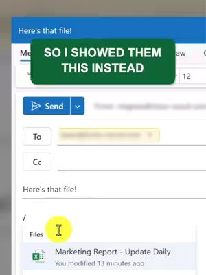 The cover image shows a screenshot of an email draft in the Outlook application, with a highlighted area indicating an attached document. A green banner with white text overlays the image, adding a hook.