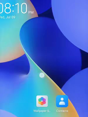 The cover image displays a blurred phone screen with a blue and yellow abstract design as the background. The top part of the screen has a digital clock display and date. At the bottom, icons for 'Wallpaper Store' and 'Contacts' are visible.