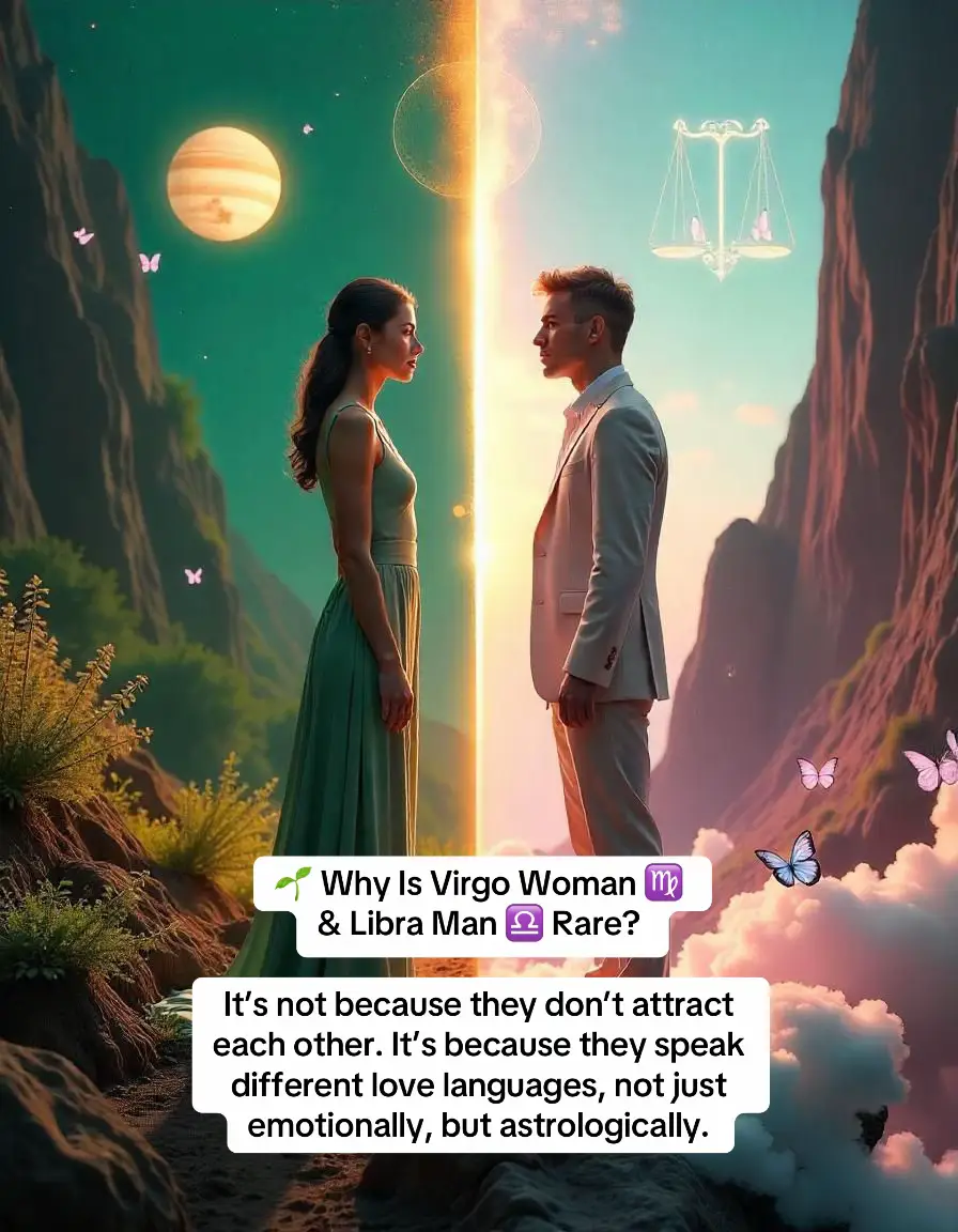 An AI-generated image depicts a woman and a man facing each other. They stand on either side of a vertical bright light, with a landscape featuring mountains and a celestial body in the background. Text overlays explain astrology concepts.