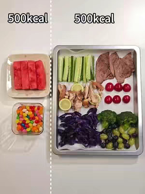 A split image showing two different food arrangements labeled with 500kcal each. On the left, there's a plate of watermelon slices and a small container of colorful jelly beans. On the right is a tray filled with various foods including cucumbers, meat slices, chicken, red tomatoes, broccoli, grapes, and red cabbage.