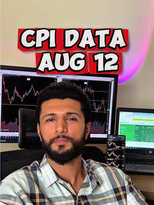 A man is seated in front of two computer monitors displaying stock charts. A laptop and a smartphone are also visible, both featuring stock market graphs. The overlay text reads CPI DATA AUG 12, in a red banner. The man is wearing a plaid shirt, and seems to be discussing financial data.