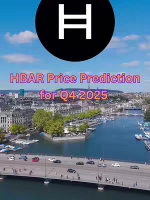 An aerial view of a city on a sunny day, featuring a river, bridges, buildings, and a blue sky. Overlayed on the image is a large black circle containing a white stylized letter "H", with text indicating a price prediction.