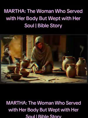 The cover image presents a scene from a biblical story, formatted vertically with a black header and footer framing the content. The central image depicts a woman in a brown robe with a hood, set inside what appears to be a rustic environment with a brown and yellow color scheme. Tables and pots are placed on a light brown surface. The rest of the space is filled with text conveying story's name.