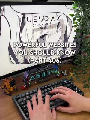 A person is shown sitting in front of a computer monitor with a mechanical keyboard in their hands. The monitor displays a stylized anime image on the screen with text overlay. The person is typing on the keyboard. Surrounding them are desk accessories like a futuristic clock.