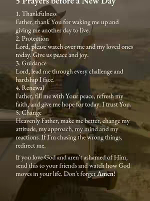 The image shows a list of five prayers accompanied by a photo of a person with a blurred background. The text overlay lists the prayers: Thankfulness, Protection, Guidance, Renewal, and Change.