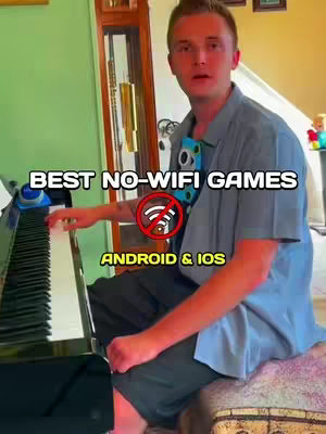 A man sits at a piano, appearing to play. Text overlays announce the topic as "BEST NO-WIFI GAMES" and "ANDROID & IOS", along with a red symbol of a Wi-Fi signal crossed out.