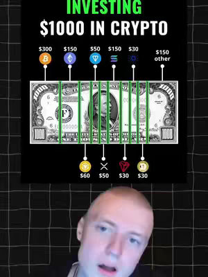 A financial diagram shows a dollar bill with lines and cryptocurrency symbols attached. The creator is at the bottom, looking up.