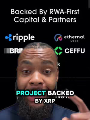 A selfie-style video cover featuring a Black man with a beard, looking directly at the camera with an engaging expression. The background is a gradient dark color. Overlaid at the top are the words "Backed By RWA-First Capital & Partners", with logos for Ripple and other companies. Underneath, the words 'PROJECT BACKED BY XRP' are boldly displayed.