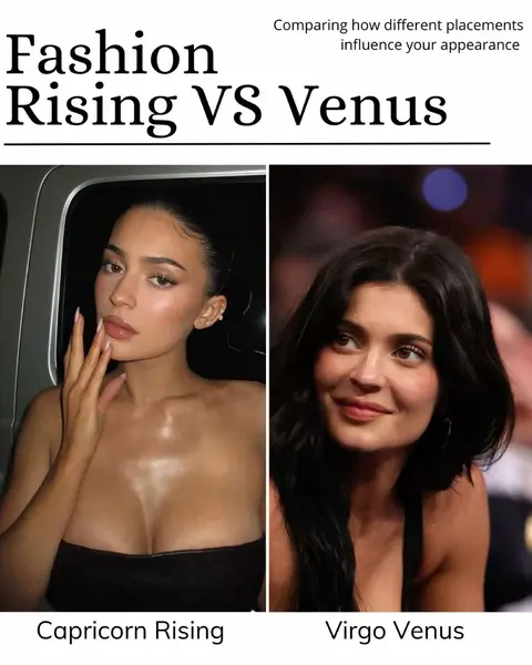 The cover image is divided into two vertical sections, each featuring a portrait of Kylie Jenner. The left side shows her with light makeup, touching her face, while the right side is a close-up with dark hair and a slight smile. Above the images, the text overlay says 'Fashion Rising VS Venus'. Below the images the text says 'Capricorn Rising' and 'Virgo Venus'.