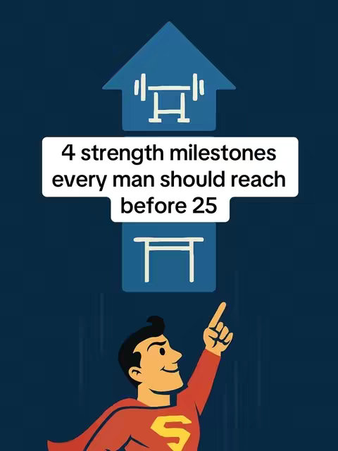 The image features a cartoon illustration with text overlays. A blue arrow-shaped rectangle at the top includes a barbell icon, while a second blue arrow-shaped rectangle is at the bottom with an icon referencing a bench press. Between these, a white rectangle contains the text: "4 strength milestones every man should reach before 25." A cartoon superhero with a Superman-like logo on his chest is pointing upwards.