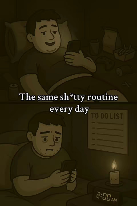 The image is divided into two vertical sections. The top half shows a cartoon man lying in bed, smiling and looking at his phone. Various objects like a drink and a controller are placed close to him. The bottom half of the image shows the same man, but with a sad expression, also looking at his phone. A candle is lit on the nightstand, and an alarm clock shows 2:00 AM. The background is a dark, low-lit bedroom.