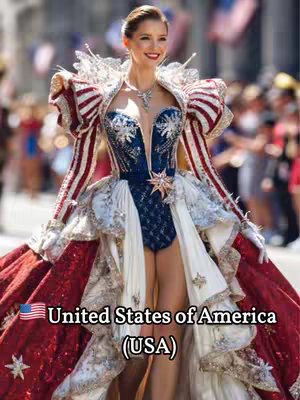 A woman in a formal gown styled in patriotic colors, a parade setting with flags in the background, and text overlaying the image