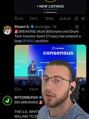The cover image is a selfie of a man in front of a screen showing a Twitter post and a conference stage. The man in the foreground is wearing glasses and an earpiece, looking at the camera. The background includes a tweet about crypto and a screenshot of a conference.