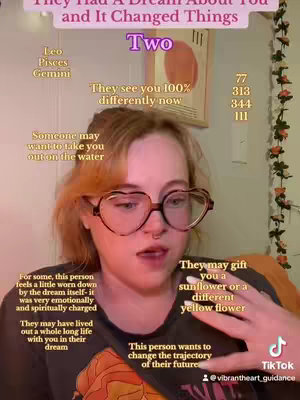 A woman with red hair and heart-shaped glasses is centered in the frame. She is wearing a dark shirt with an orange design. Overlayed text in various styles and colors appears, including astrological signs and predictions.