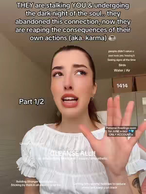 The image shows a woman looking upwards with an expressive face, her hand extended outwards with open fingers. Text overlays include phrases about souls, consequences, karma. Text includes numerology.