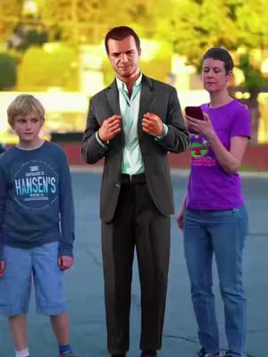 The cover image features three figures seemingly digitally inserted into a real-world environment, likely from a video game. A man is in the center, wearing a suit, standing between a young boy and a woman wearing casual attire. The background is a blurred outdoor scene. The composition is straightforward with the figures arranged to indicate a family dynamic.
