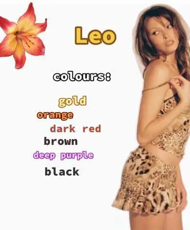 The cover image features a woman standing slightly off-center on a white background. To her left is a large flower with red and yellow petals. Text overlays include the word 'Leo' in a gold box and a list of colors relating to the sign. The woman is wearing a leopard-print outfit.