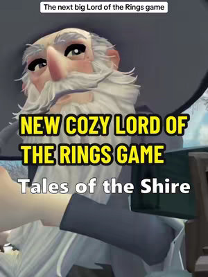 The cover image features a close-up of a digitally rendered, elderly male figure with a long white beard and mustache, reminiscent of Gandalf from "Lord of the Rings." Overlayed text in bold white and yellow fonts proclaims "NEW COZY LORD OF THE RINGS GAME Tales of the Shire." The background is slightly blurred, suggesting a gameplay or environment backdrop. The composition is vertically oriented.