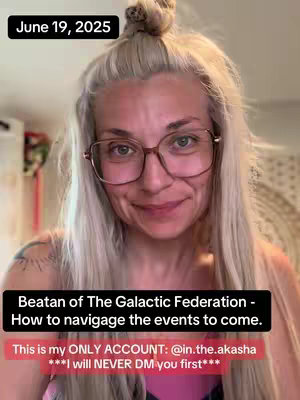 A woman with blonde hair, glasses, and a slight smile looks at the camera. Text overlays include the date, a title, and a disclaimer about an account. The background appears to be a room, out of focus.