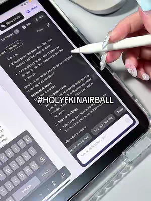 A close-up shot from an angle, featuring a person's hand holding a white stylus, interacting with a tablet screen. The tablet displays a document with text, and a soft keyboard. The background appears to be a desk or table, with a mouse visible. There's also a text overlay in the lower-left section.