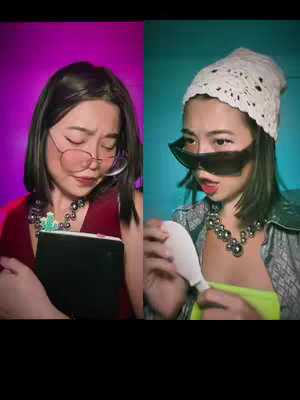 The cover image features a split screen. On the left, a person with black hair, wearing glasses, and a dark red top holds a black notebook. On the right, the same person is wearing sunglasses, a white knitted hat, and a silver jacket, holding a white object.