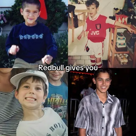 A square image with four smaller photos arranged in a 2x2 grid. Each photo features a young man, with the top left showcasing a child in a blue top, the top right showing a child in a soccer jersey, the bottom left presenting a child in a white cap, and the bottom right featuring a young man in a silver shirt. Centered at the bottom is the overlaid text 'Redbull gives you'.