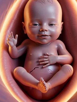 A digitally created image featuring a smiling baby inside what appears to be a womb-like setting. The baby is fair-skinned, with closed eyes, and is positioned facing slightly upwards. The background is a vibrant blend of pink and orange hues, evoking a sense of warmth and vitality. The child is reaching its hand towards the viewer and the overall composition suggests a new beginning of life.