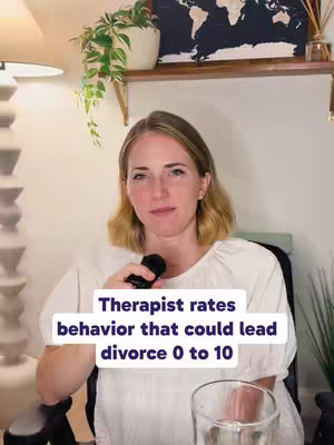 A woman with blonde hair sits in front of a warm-toned background, holding a microphone. Overlayed text on a semi-transparent white box suggests a discussion about behavior rating and divorce.