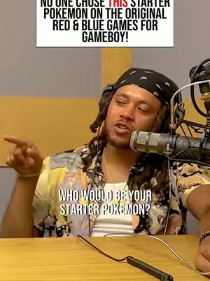 The cover image shows a man with long hair, headphones on, holding a microphone. There is text overlay indicating a podcast about Pokemon.