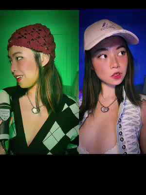 A split-screen image features a young woman in two different settings. On the left, she's in front of a green backdrop, wearing a burgundy crocheted cap and an argyle sweater. She holds a microphone and smiles. On the right, she's against a blue backdrop, wearing a white Adidas cap. Both sides have the same necklace.