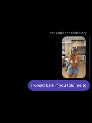The cover image is a screenshot of an Instagram story with a black background. In the upper right corner is a small, rectangular image of a person holding a phone in front of their face, serving as a mirror image. The person is wearing a white bikini top and jean shorts and is presumably in a well-lit room with visible kitchen and living room features. In the lower part, a text bubble contains the words: 'i would bark if you told me to'.
