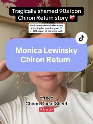 A selfie-style video cover image with a woman in focus, framed from the chest up. Her hair is styled in loose curls, and she wears pink hoop earrings and a white top. Above her, there are text overlays in black and white. A large, light-blue rectangular element is placed across her forehead, containing the words "Monica Lewinsky Chiron Return" in white. At the bottom is a smaller text overlay that reads "*free* Chiron Cheat Sheet link in bio". A TikTok music note icon is visible against a cream-colored wall background.