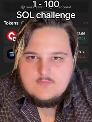 A selfie-style shot featuring a man in a dark shirt looking directly at the camera. Overlayed text indicates a "SOL challenge" and numbers 1-100. The background has a blurry view of a  phone interface related to Crypto.