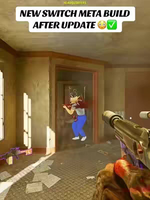 The image presents a first-person perspective from a first-person shooter video game. The setting is a dilapidated interior, possibly a building, with visible damage. In the foreground is a weapon, likely a rifle, held in the player's view. The background features two doors, and a cartoon-like character stands inside one of those doors, seemingly in a shooting pose. Overlaid at the top is text, giving context about the game, along with graphic elements. The overall color palette is muted, with browns, greens and hints of orange suggesting a realistic, war-torn environment. 