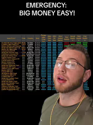 The cover image features a man in the foreground looking directly at the camera, with a semi-serious facial expression. He wears glasses and a gold chain; the background comprises a data table, suggesting a focus on financial information. Above him, overlaid in bold white text, is the hook: 'EMERGENCY: BIG MONEY EASY!'