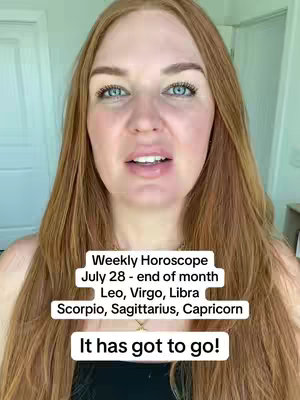 A woman with long auburn hair, blue eyes, and fair skin is looking towards the camera. Text overlays highlight the video's horoscopic content.