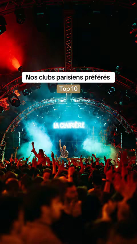 A vibrant image of a nighttime club scene. A large arch-shaped structure with lights and the club's name, 'LA CLAIRIERE,' is visible. The foreground is filled with a crowd of people with their arms raised in the air, suggesting excitement and enjoyment. The lighting includes red and blue spotlights, creating an electric atmosphere.