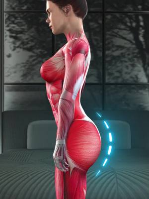 A side profile of a woman's body with the muscles exposed in shades of red, showing the glute muscles highlighted in a brighter red with a blue arching accent. The woman is facing left in a room with a neutral background.
