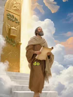 A digital painting depicting a man approaching a grand golden gate with angels in the sky and light shining down. The man is dressed in old-fashioned robes, carrying a scroll, and looking upwards. The title 'do' is overlaid on the image.