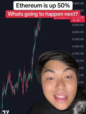 A young man with dark hair looks towards the camera and speaks with a smile. Behind him is a dark background showing a stock market graph with a rising trend line over time. Overlaying the top of the image are two rectangular text elements: The first is white-text stating Ethereum is up 50% and the second, below it, colored bright red with white text reads Whats going to happen next?