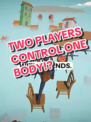 The image features a stylized, whimsical scene. A figure, seemingly made of low-poly 3D models, is straddling a chair, with another chair next to it. Buildings and an abstract background of land masses floating in a blue sky are present too. Text overlays in a bubble style frame the main text in a pink color and white outline: “TWO PLAYERS CONTROL ONE BODY!? ...ENDS.”