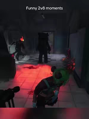 The image captures a scene from a video game. A hallway with a red floor is the stage for several figures; a character in a bear-like costume stands prominently. The scene is viewed from a slightly low angle.