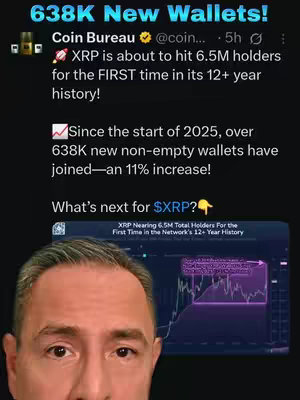 The cover image features text and data related to XRP, with a man's face in the foreground layered over the information. The background is a news feed style graphic highlighting the crypto's growth. The man, positioned in the lower half of the image, appears to be the content creator.